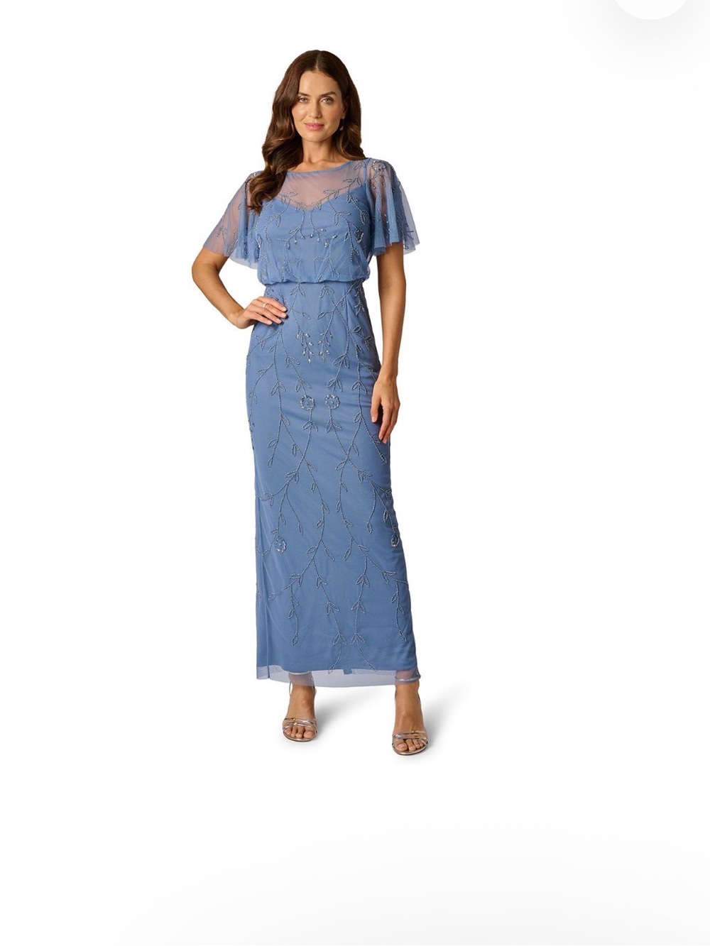 Adrianna Papell Blue Beaded Flutter Sleeve Blouson Evening Gown Size 12 NWT GALA